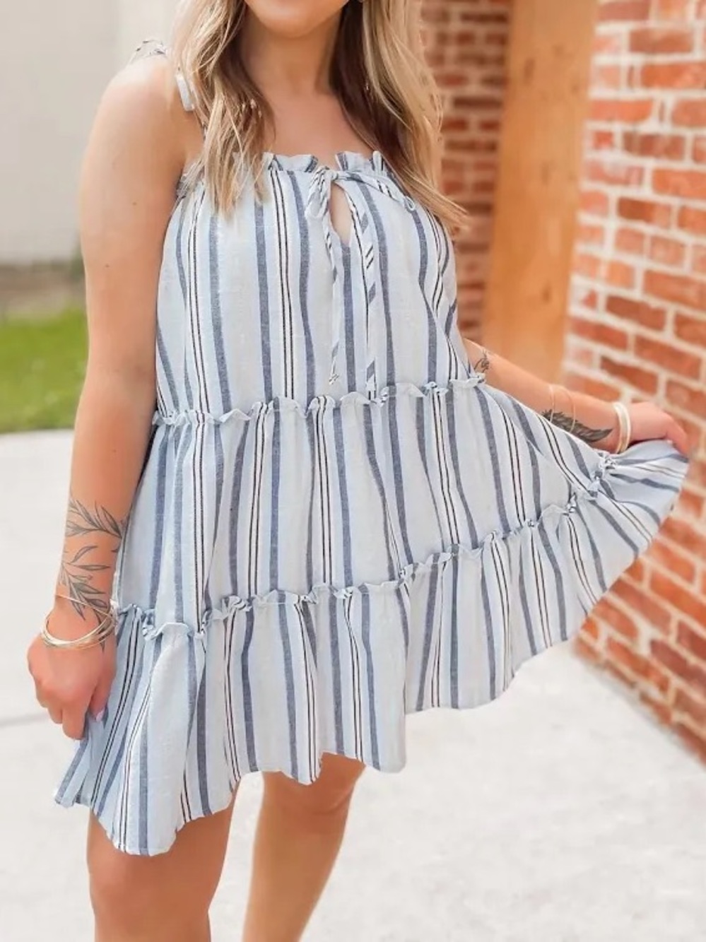 HYFVE Blue & White Striped Tiered Mini Babydoll Dress